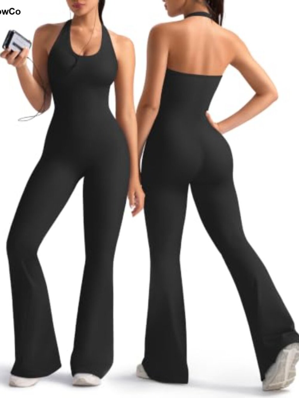 OLCHEE Flare Workout Jumpsuit Halter Neck One Piece Unitard Stretch